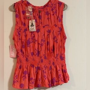 Easel Vibrant Orange Top with Purple Floral Accents